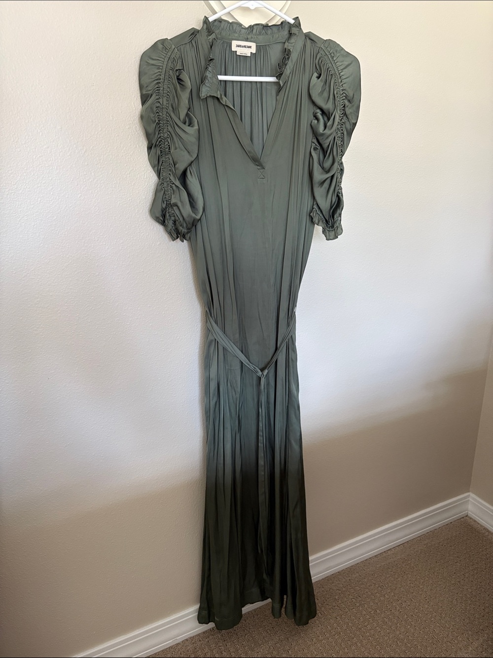 Ulla Johnson Sage Green Pleated Maxi Dress with Ruched Sleeves
